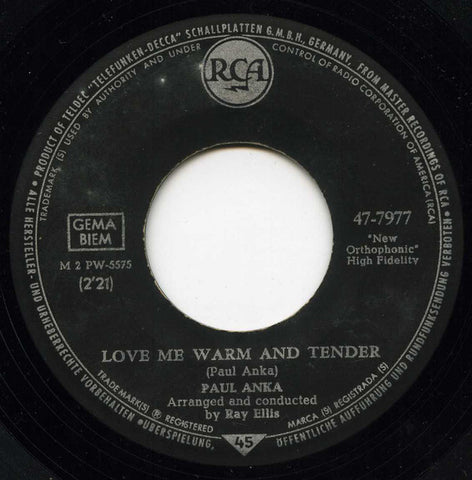 Paul Anka - Love Me Warm And Tender / I'd Like To Know (7", Single) - USED