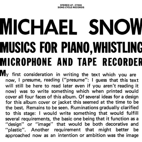Michael Snow - Musics For Piano, Whistling, Microphone And Tape Recorder (2xLP, Album, Ltd, RE) - NEW